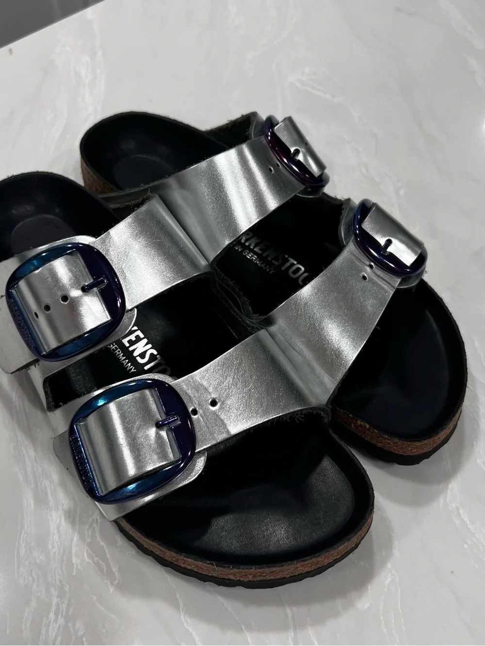 Birkenstock Arizona Big Buckle Slide Sandals Silver Metallic Leather Women's 37